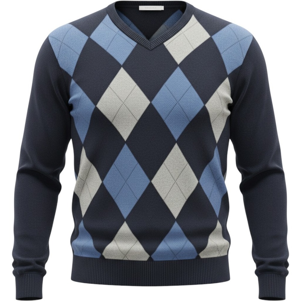 Claiborne Sweater Mens XXL Navy Blue Argyle V-Neck Pullover Cotton New